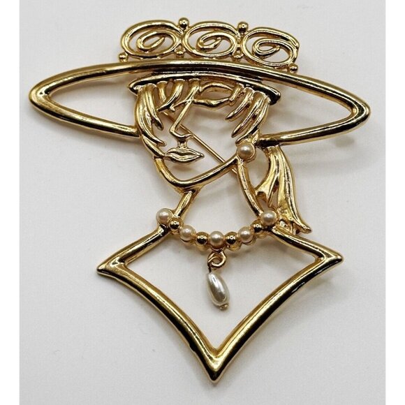 Unmarked Goldtone Lady with Hat Brooch With Faux Pearl Accents Large Pin - Picture 1 of 2